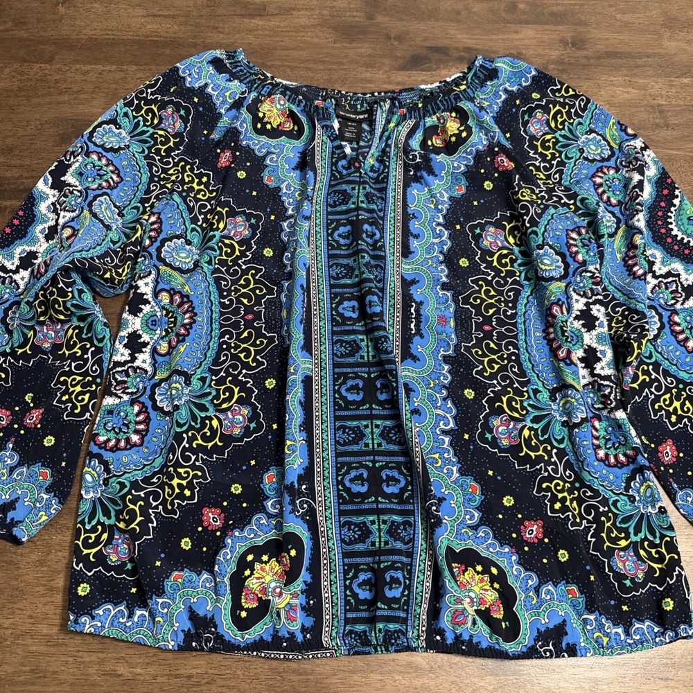 Lane Bryant Womens sz 18/20 Blue Paisley 3/4 Sleeve BoHo Peasant Blouse Shirt